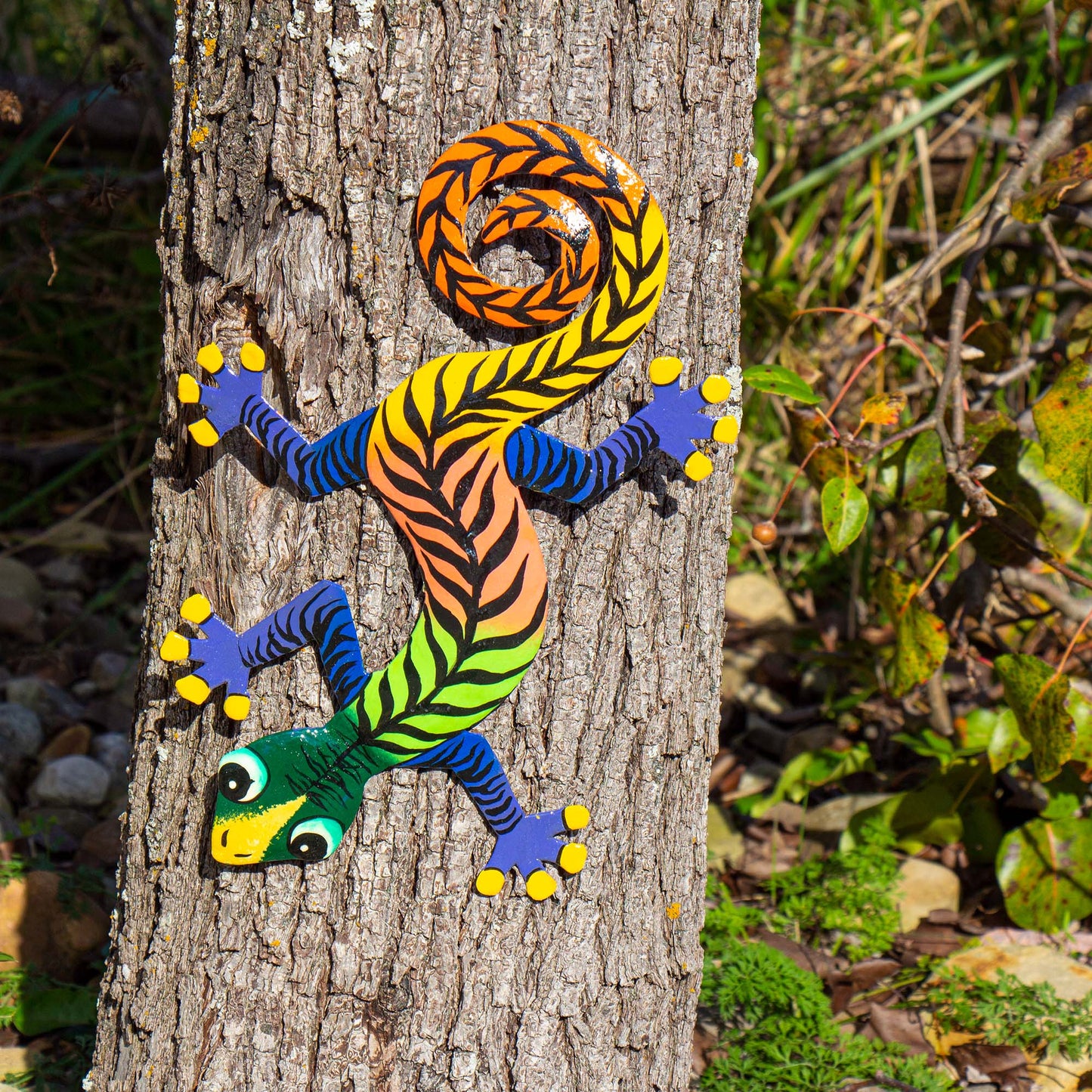 Art mural de tambour en acier haïtien Gecko coloré, stipes noires de 13 pouces