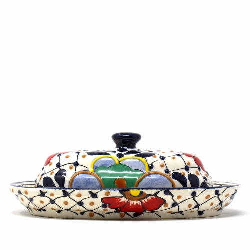 Beurrier de poterie fait à la main, points et fleurs - Encantada