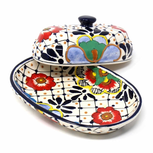 Beurrier de poterie fait à la main, points et fleurs - Encantada