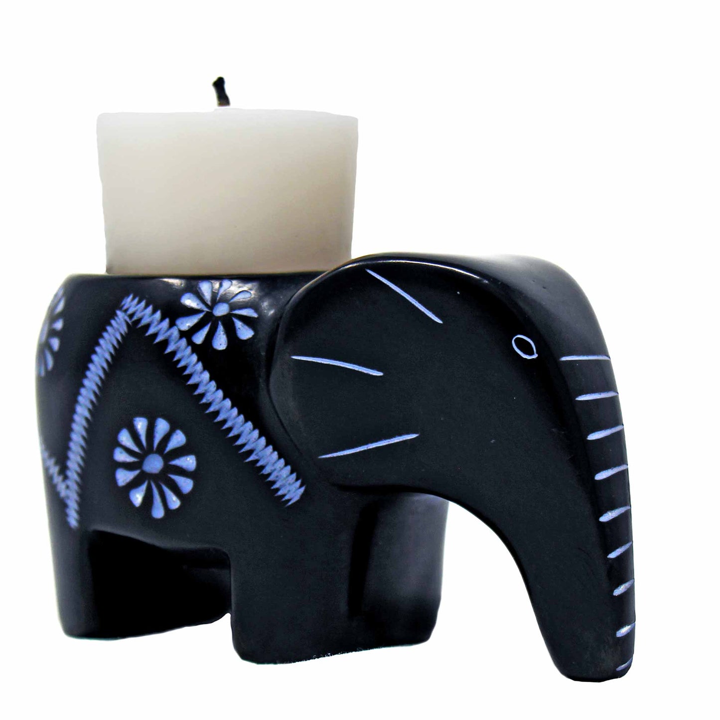 Elephant Soapstone fyrfadslys - sort finish med etch design