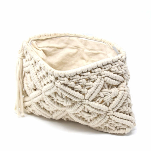 Pochette en macramé avec pompon, crème