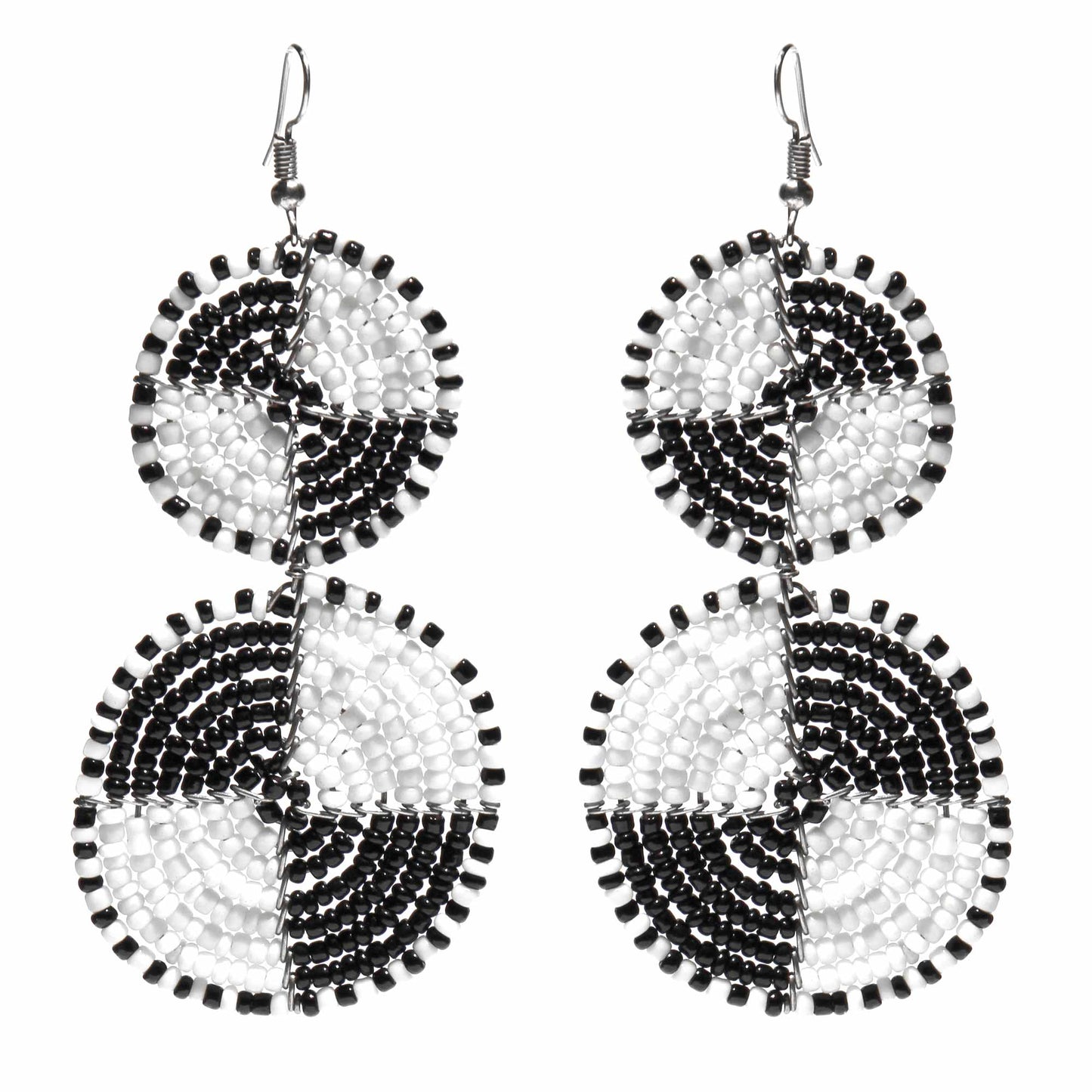 Boucles d'oreilles pendantes à double cercle en perles Maasai, blanches et noires