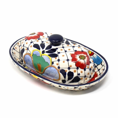 Beurrier de poterie fait à la main, points et fleurs - Encantada