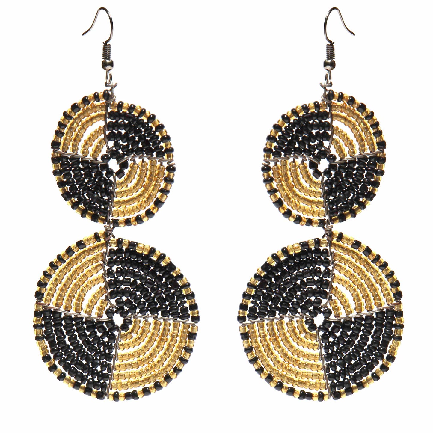 Boucles d'oreilles pendantes à double cercle en perles Maasai, dorées et noires