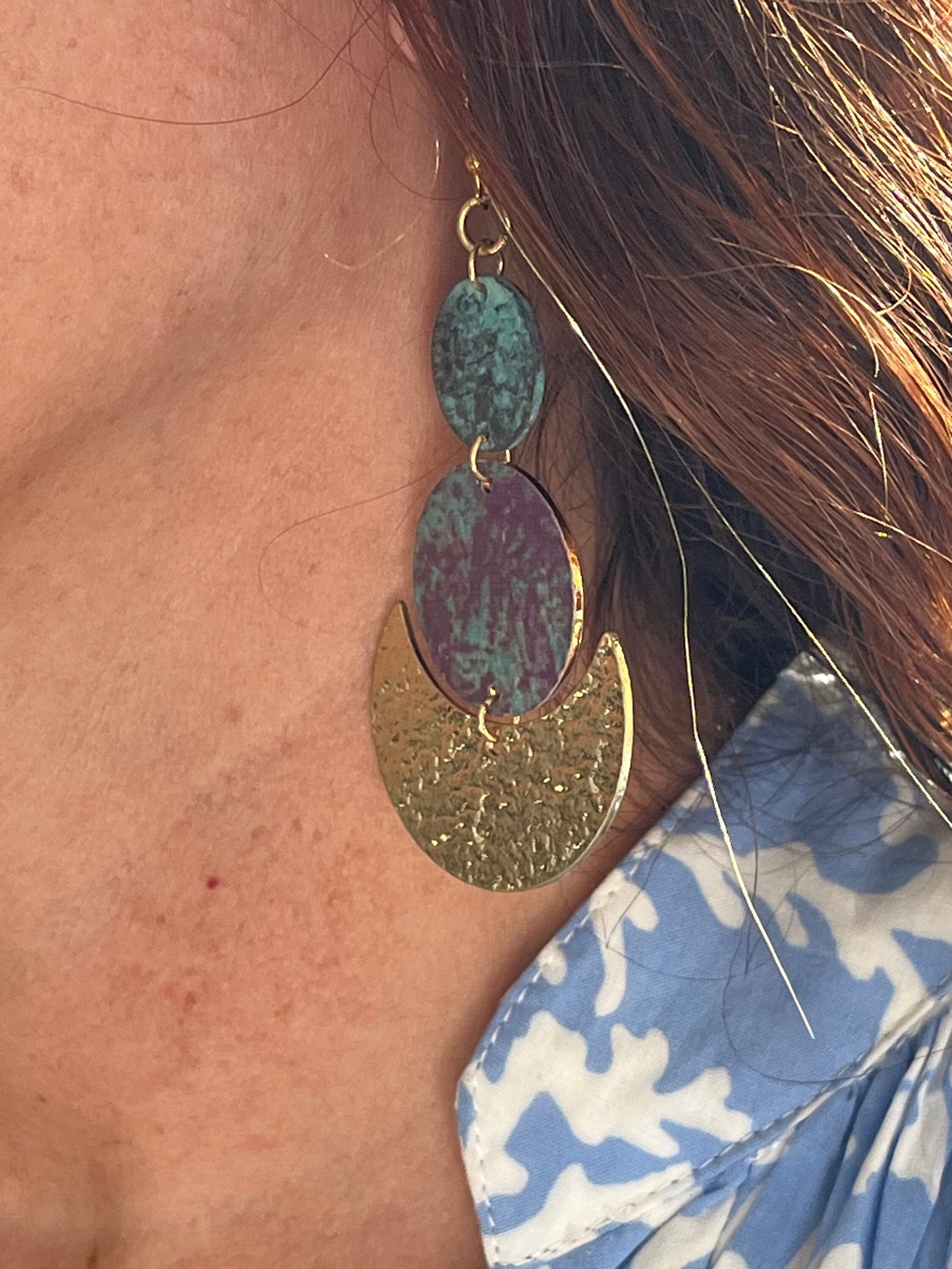 Rangiroa Earring: Bridesmaid gift | Beach vacation | BOHO earring| Dangle earring | Gold | Patina Handmade earring | Festival | Moon
