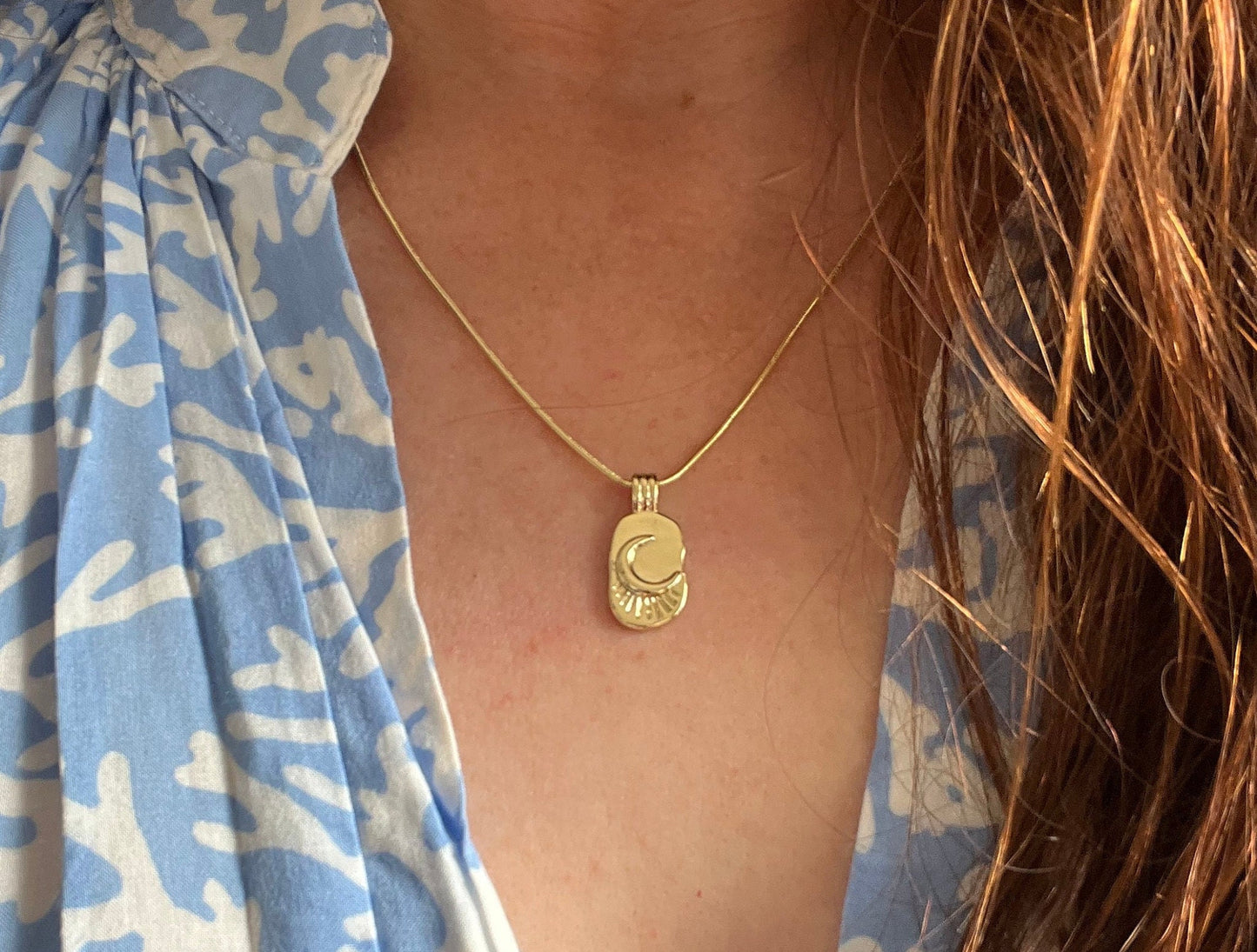 Crescent Moon Beam Necklace Golden 14 K Gold Filled | Moon Pendant | Beach Vibes | adjustable cable chain round clasp | Layering Necklace
