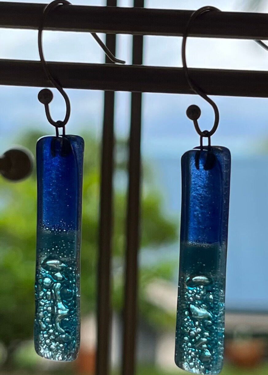Blue Fused Glass Earring | Beach vacation | BOHO | Southwestern | Bridesmaids gift| Beach vibes | Dangle earring | Gold