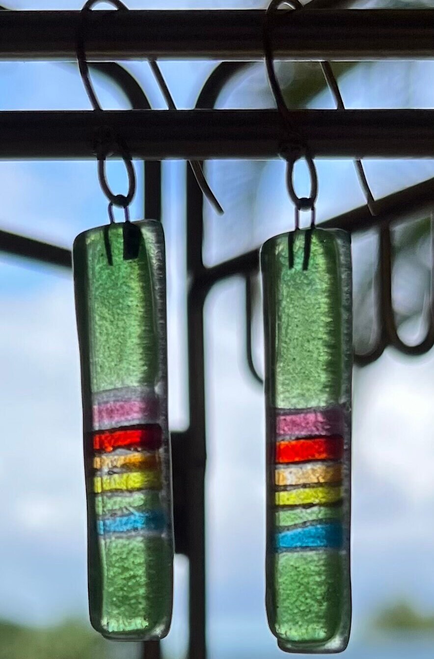 Green striped Fused Glass Earring | Beach vacation | BOHO | Southwestern | Bridesmaids gift| Beach vibes | Dangle earring | Gold