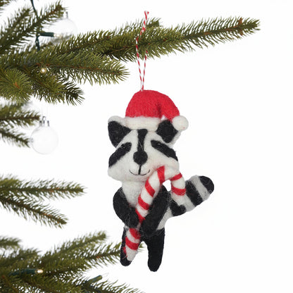 Racoon and Candy Cane Felt Christmas Ornament