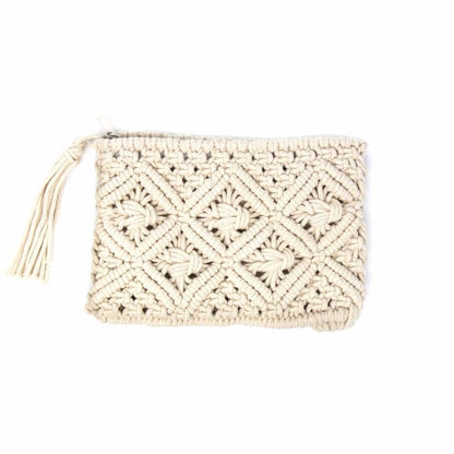 Pochette en macramé avec pompon, crème