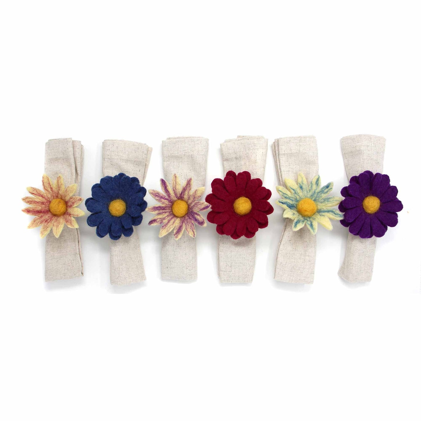 Feutre fabriqué à la main du Népal : ensemble de 6 ronds de serviette, marguerites assorties pour l'automne