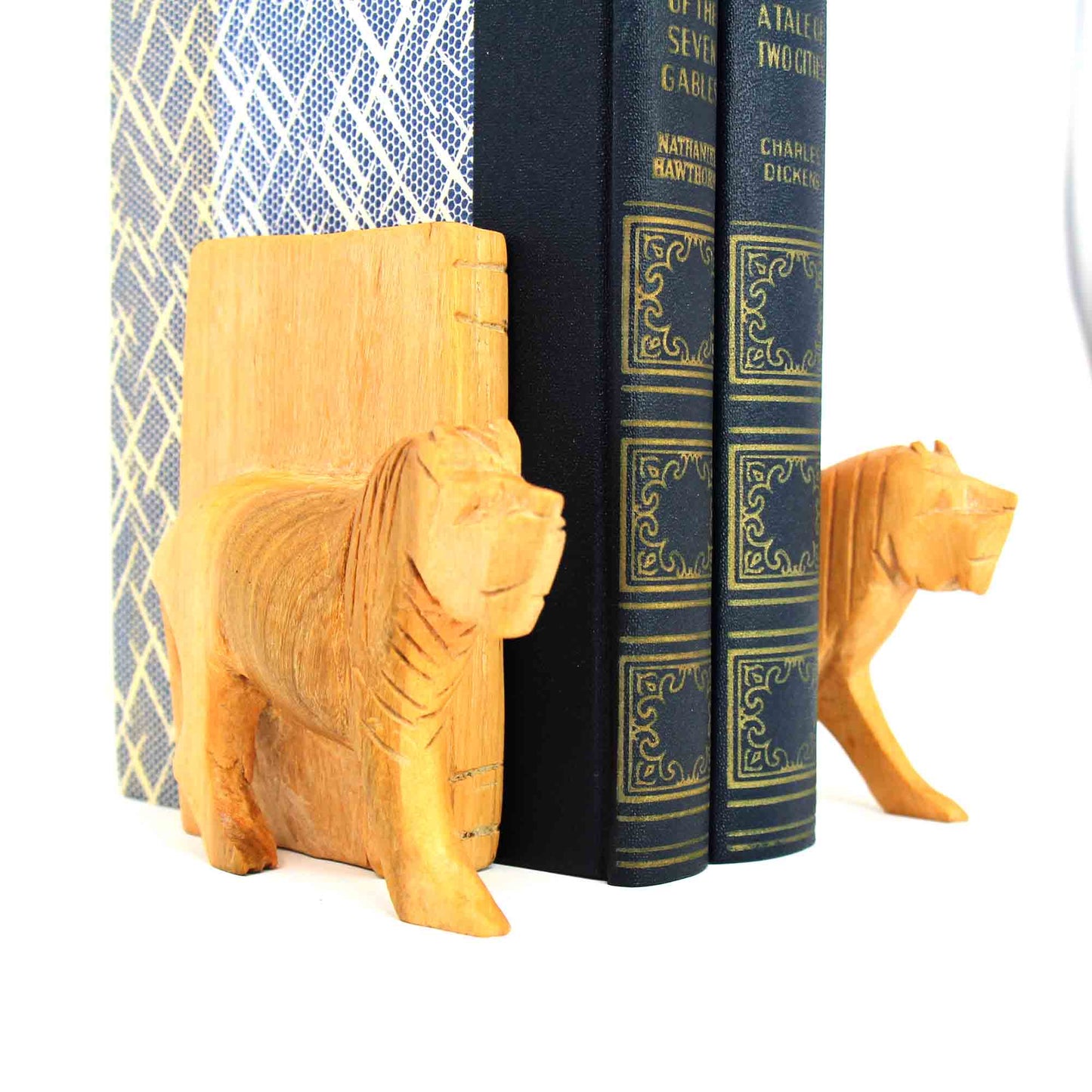 Serre-livres en forme de lion en bois sculpté, lot de 2