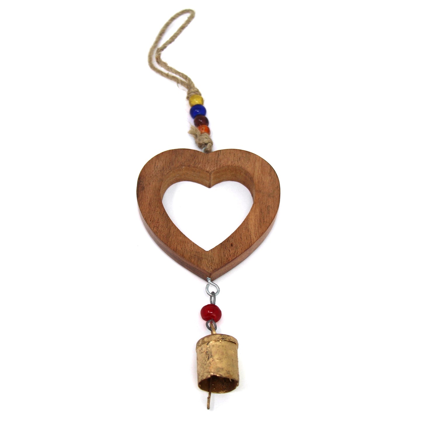 Handcrafted Wood Heart Chime with Recycled Iron Bell