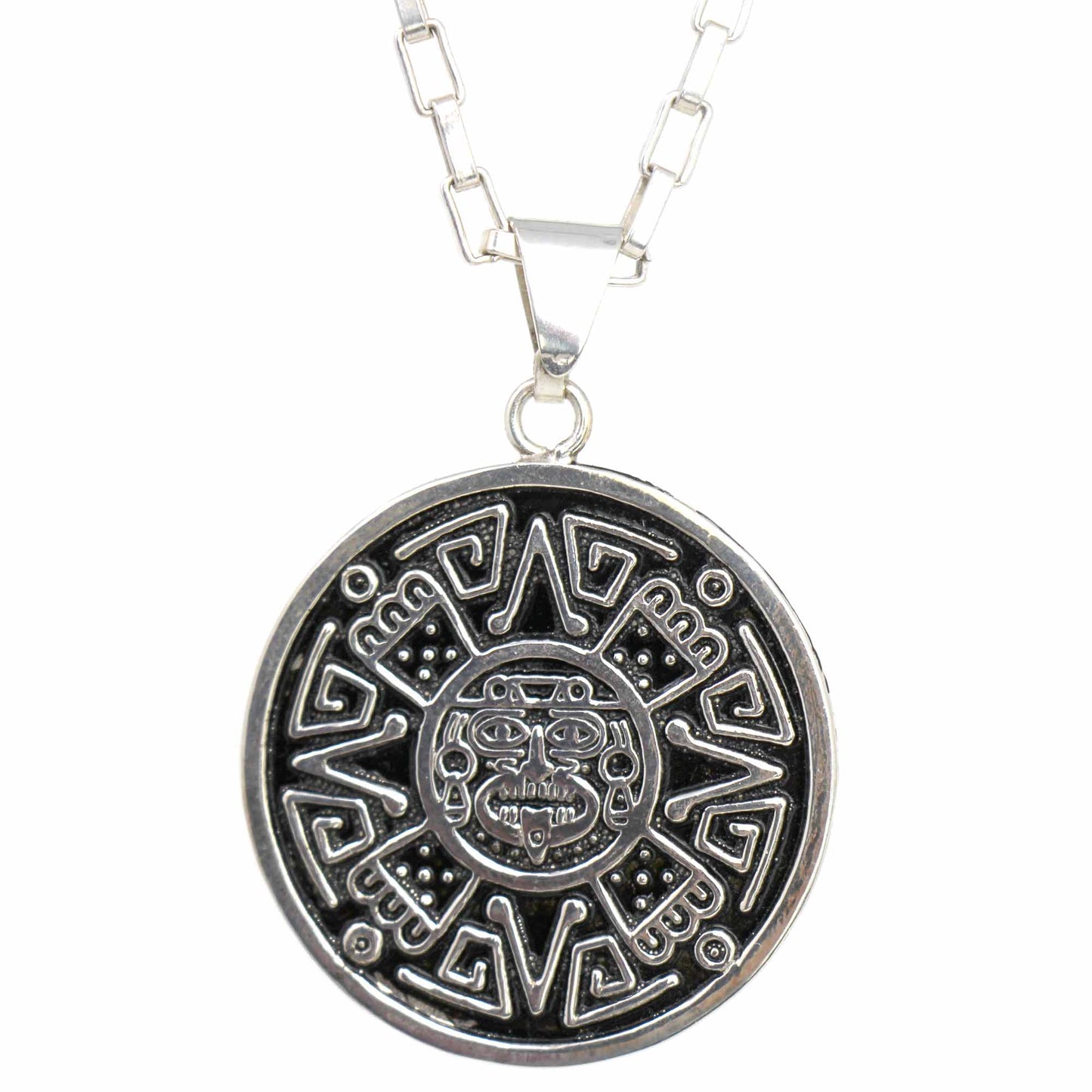 Pendentif visage aztèque en argent alpaga avec chaîne