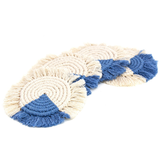 Macrame Coasters in Blues with fringe, Set of 4