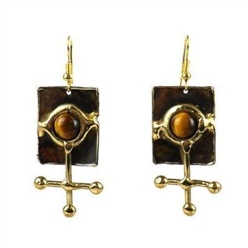 Boucles d'oreilles Gold Tiger Eye Ball et Jack Brass - Images en laiton (E)