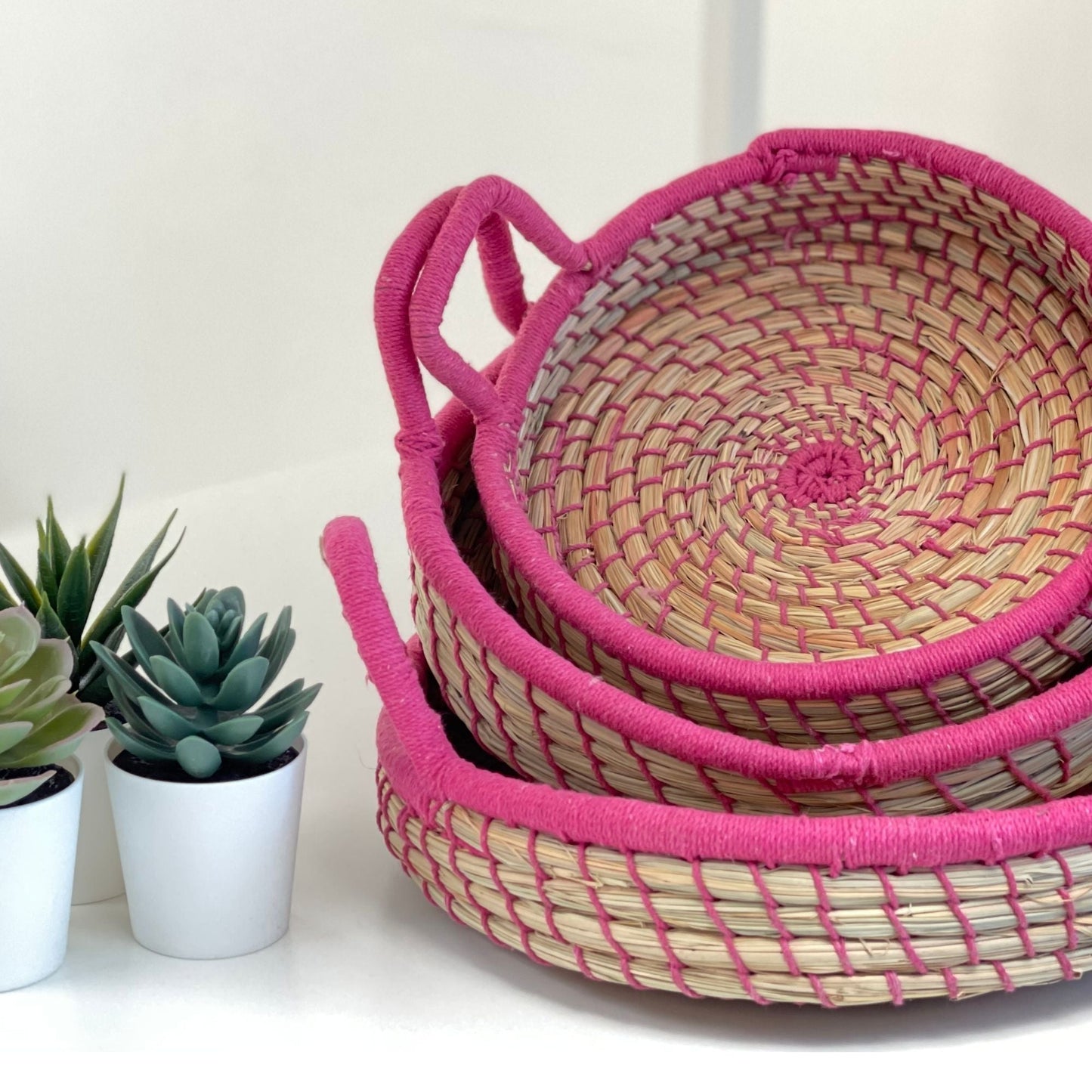 Nested Baskets in Natural with Pink Accents, Set of 3