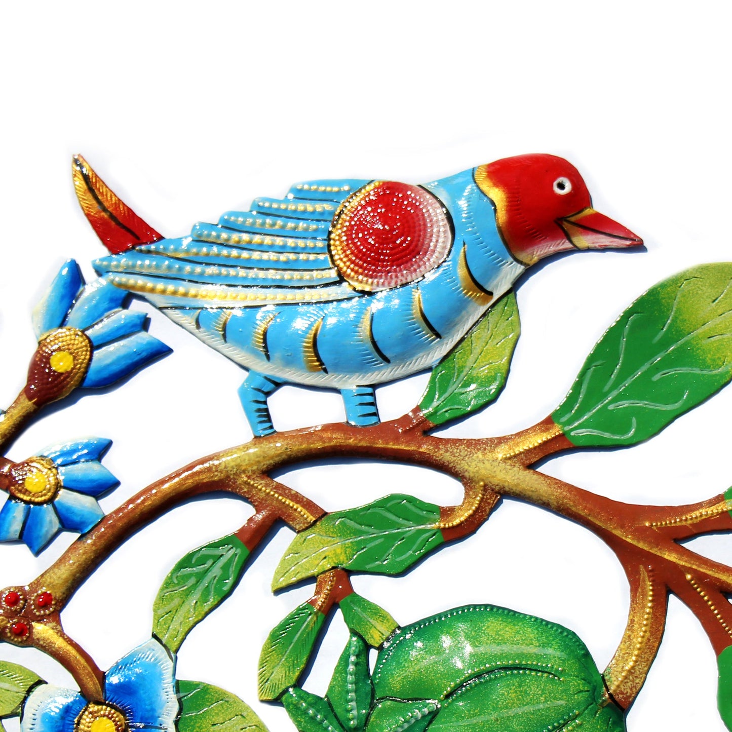 Couronne de porte d’oiseau bleu, art mural de tambour en métal haïtien