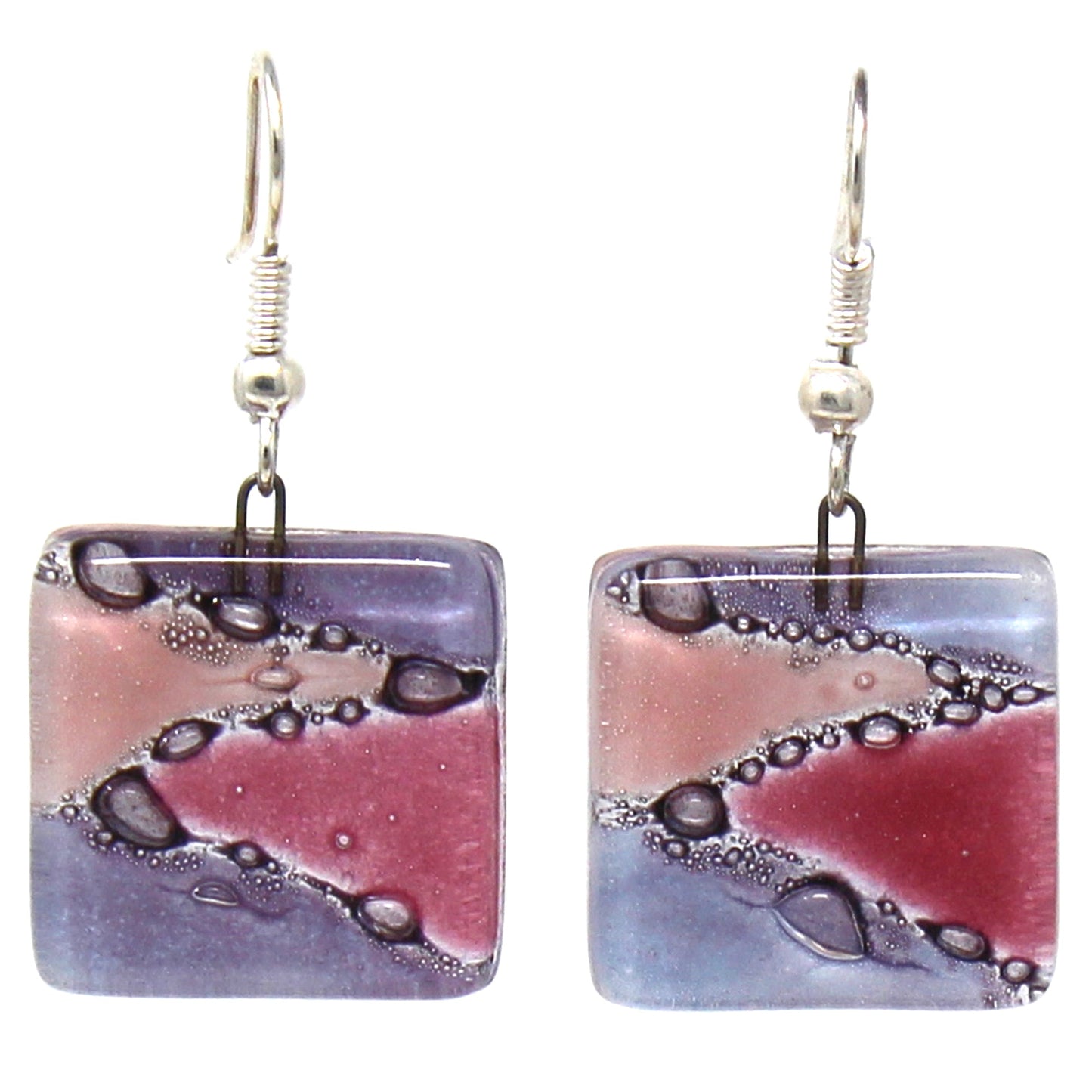 Boucles d'oreilles pendantes carrées en verre, Zig Zag violet et rose - Tili Glass