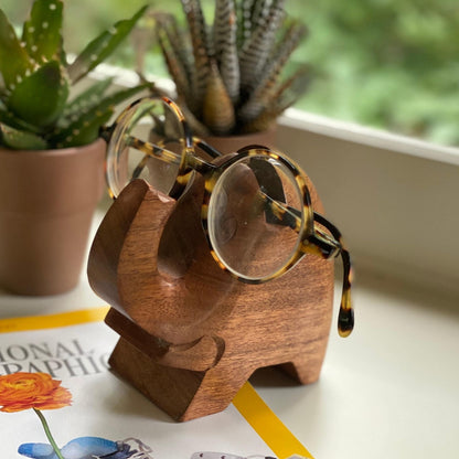 Support en bois d'acacia pour lunettes éléphant