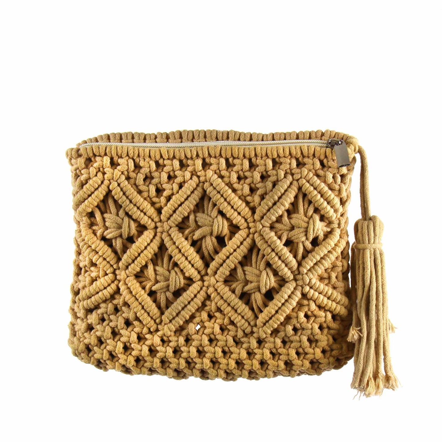 Pochette en macramé avec pompon, beige