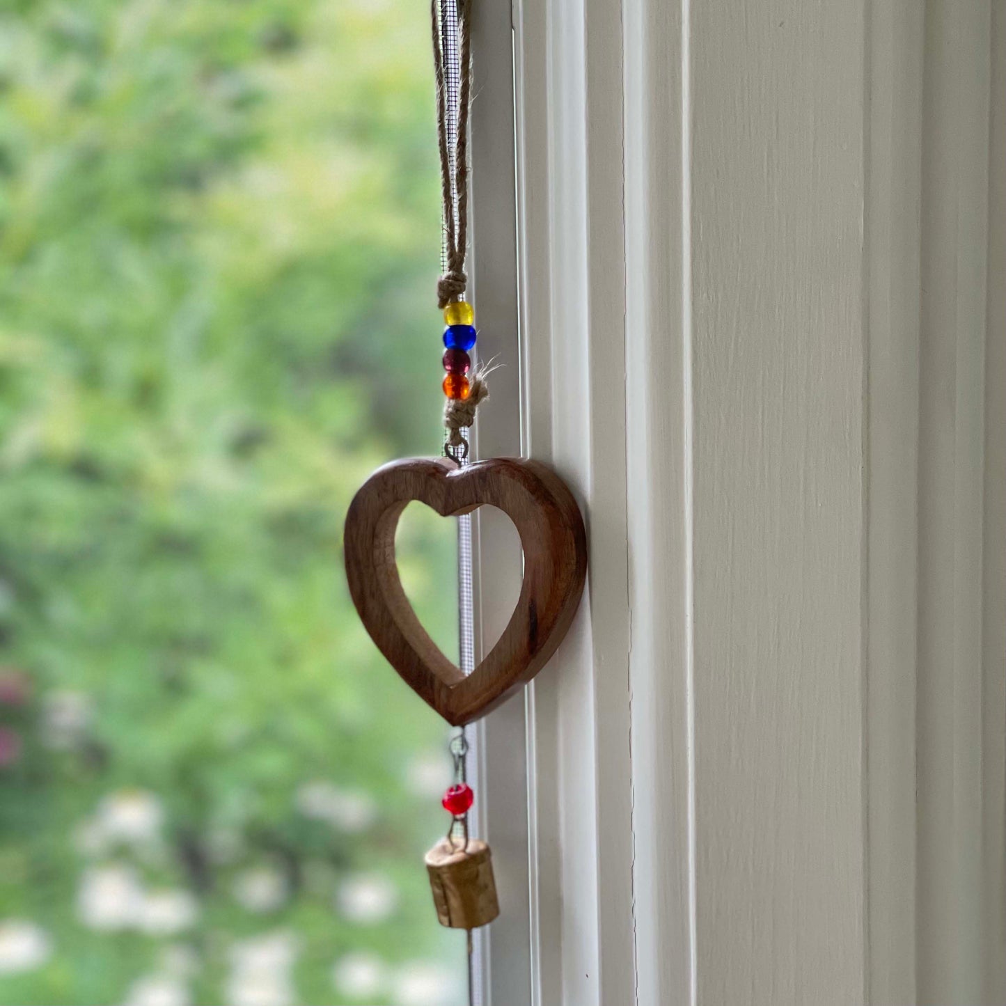 Handcrafted Wood Heart Chime with Recycled Iron Bell