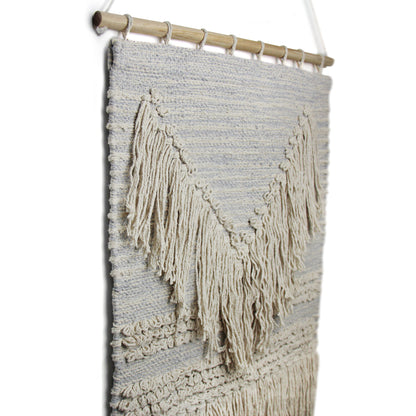 Handwoven Boho Wall Hanging, Blue Grey with Cream Fringe