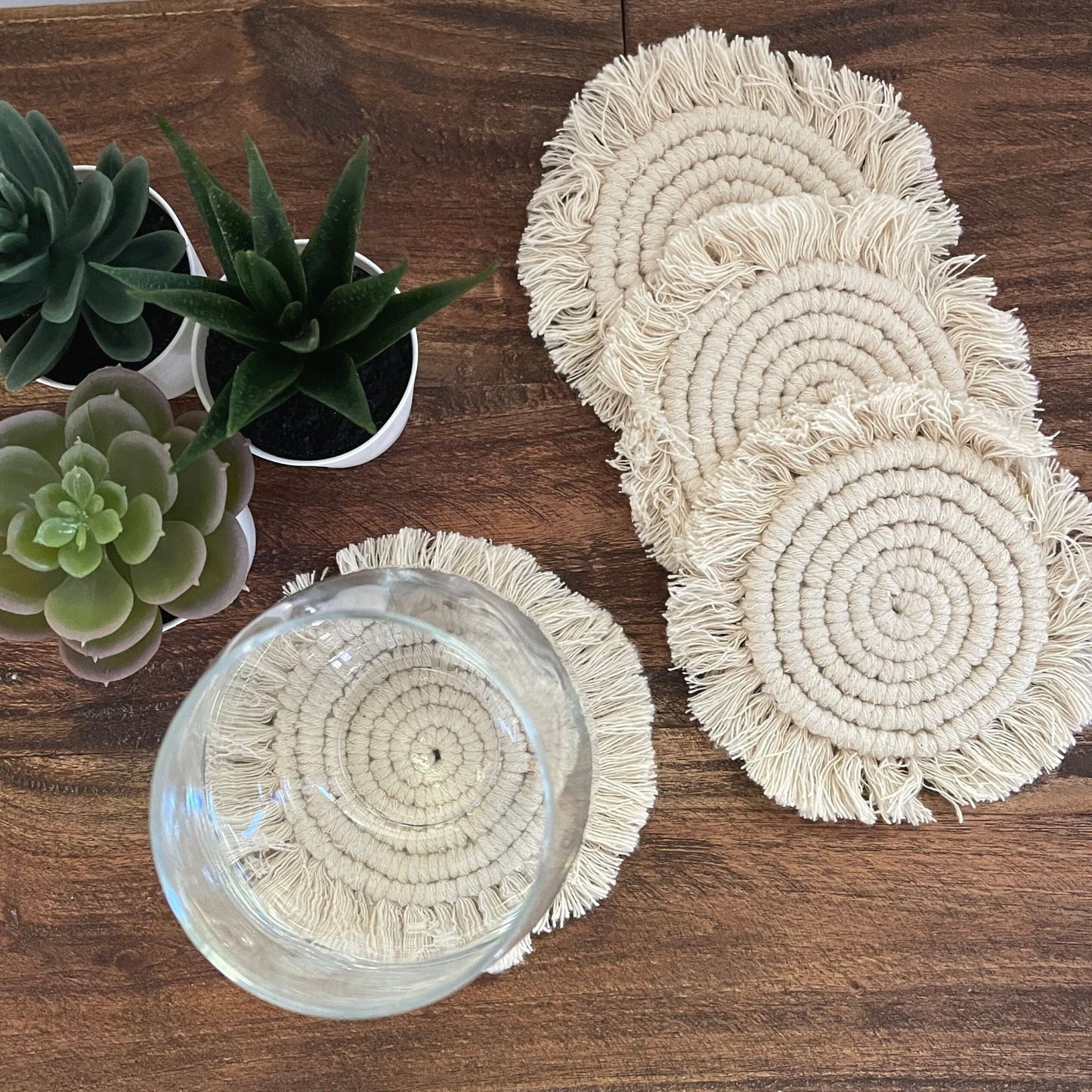 Macrame Coasters in Natural with fringe, Set of 4