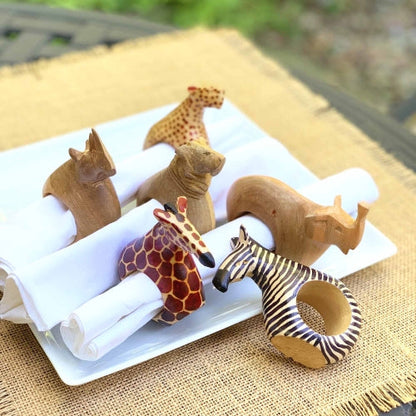 Set of Six Mahogany Wood Animal Napkin Rings - Jedando Handicrafts