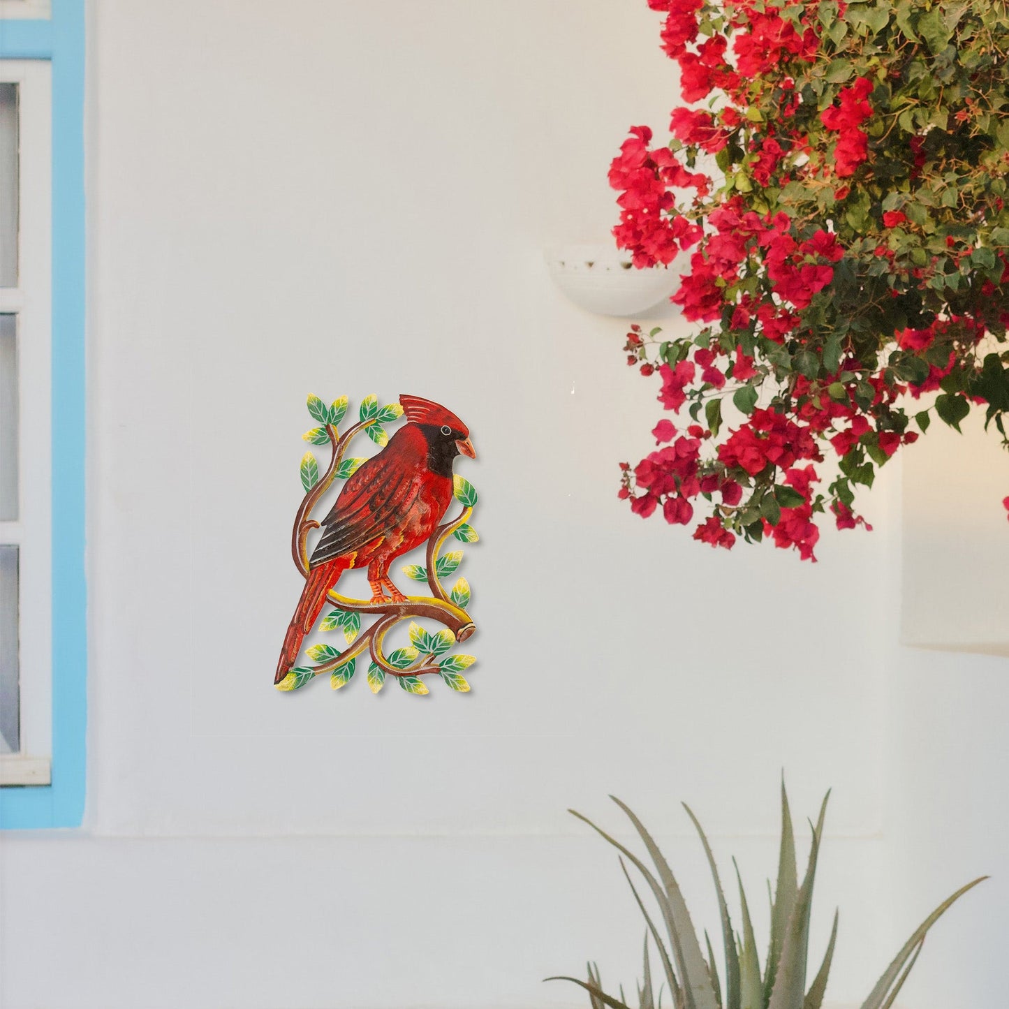 Cardinal on Branch, Painted Haitian Steel Drum Wall Art