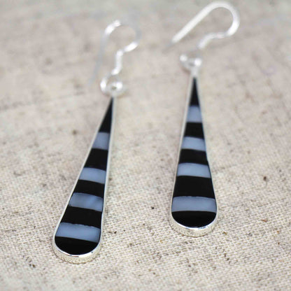 Taxco Silver Black Onyz & Abalone Zebra Long Teardrop Earrings