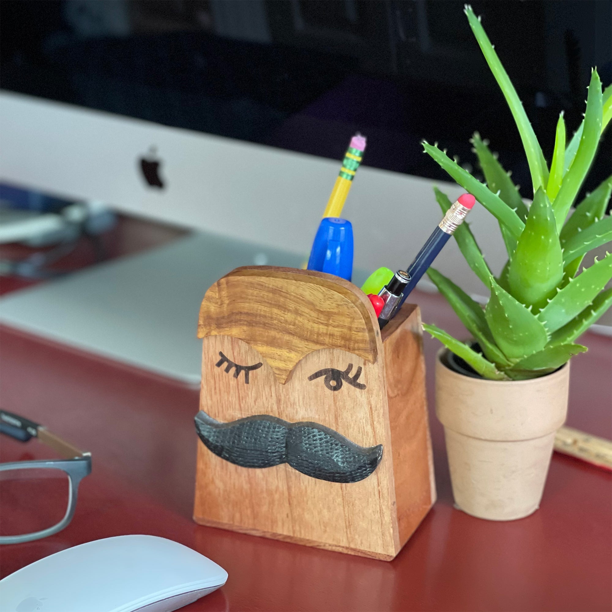 Stained Glass Pencil Holder for Him with Glasses and factory Brown Mustache