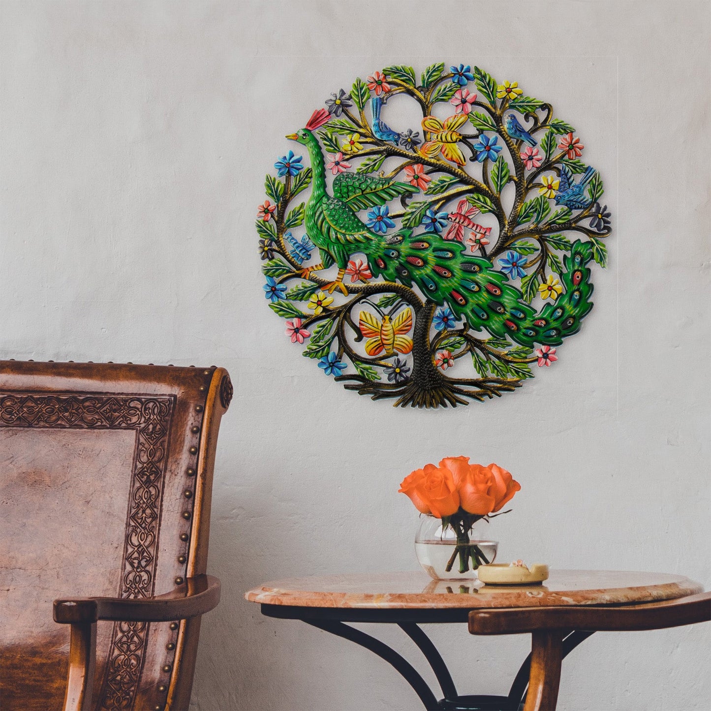 Peacock in Tree Haitian Metal Drum Wall Art