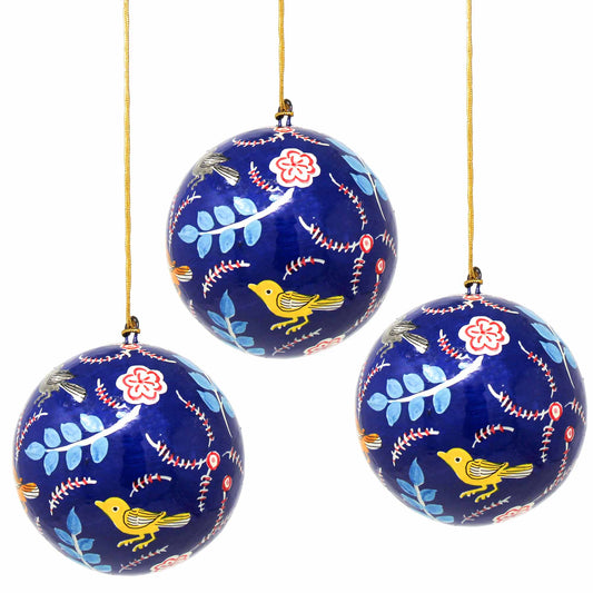 Oiseaux et fleurs décoratifs peints à la main, bleu - Paquet de 3