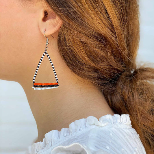 Maasai Bead Triangle Dangle Earrings, Black/White/Orange