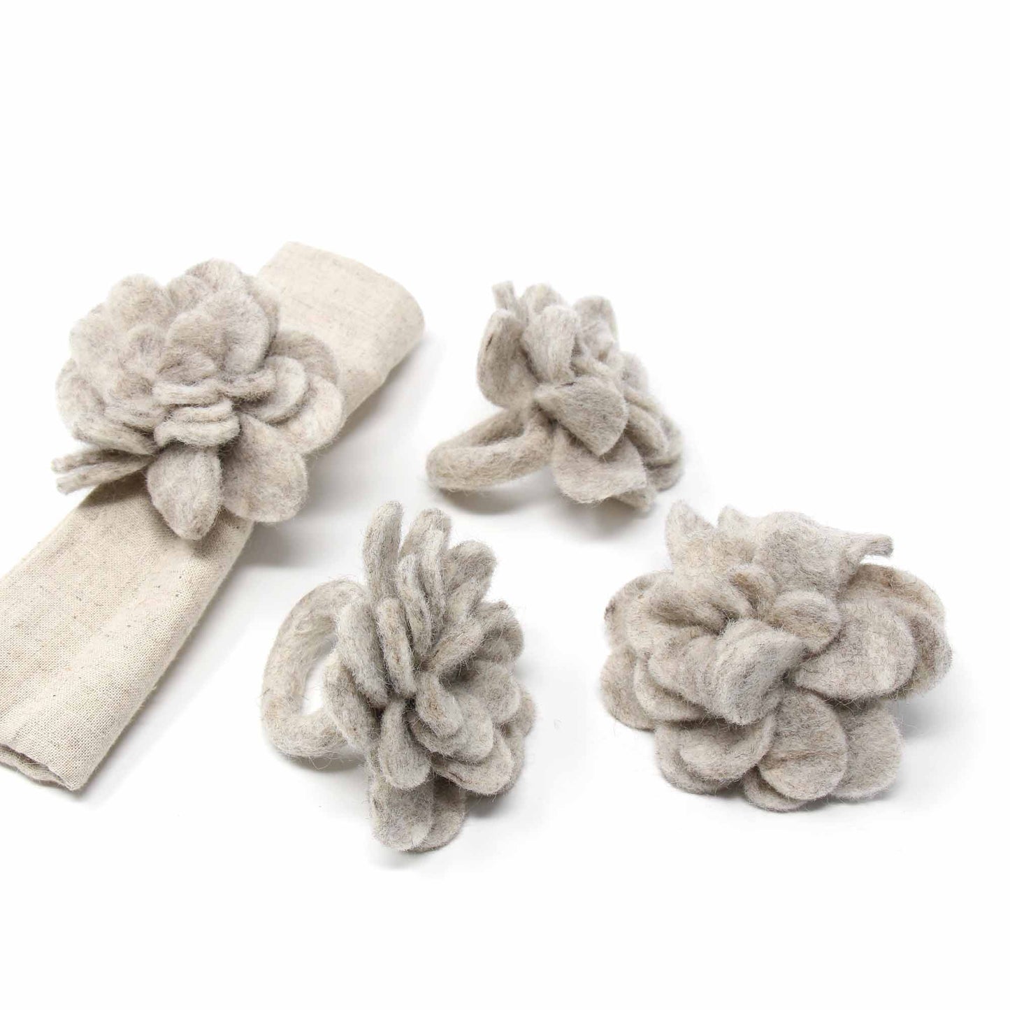 Set of 4 Felt Napkin Rings, Taupe Zinnias