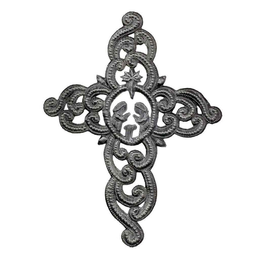 Metal Cross Wall Art, udsmykket med julekrybbe (9,5" x 12") - Croix des Bouquets (H)