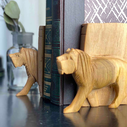 Carved Wood Lion Book Ends, Set of 2