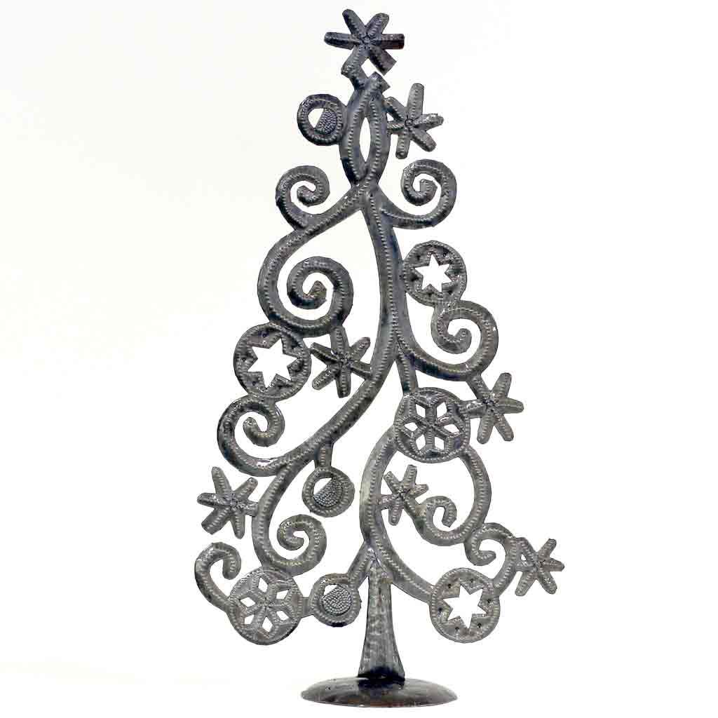 Bordplade juletræ med stjerner og snefnug, metalkunst (14" x 7,5") - Croix des Bouquets (H)