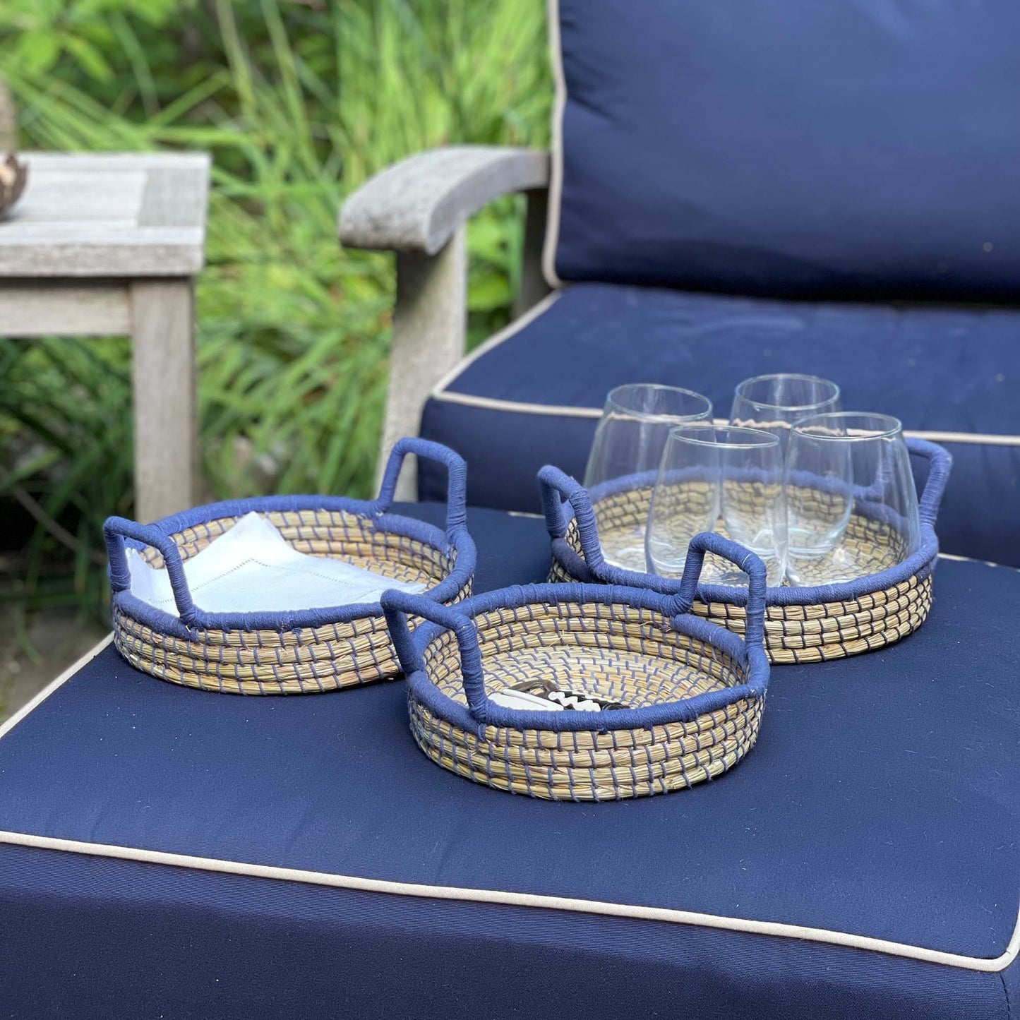 Nested Baskets in Natural with Blue Accents, Set of 3