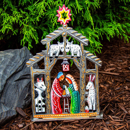 Haitian Metal Drum Tabletop Nativity with Barn Animals