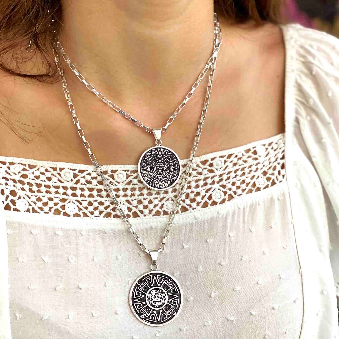 Alpaca Silver Aztec Calendar Pendant with Chain