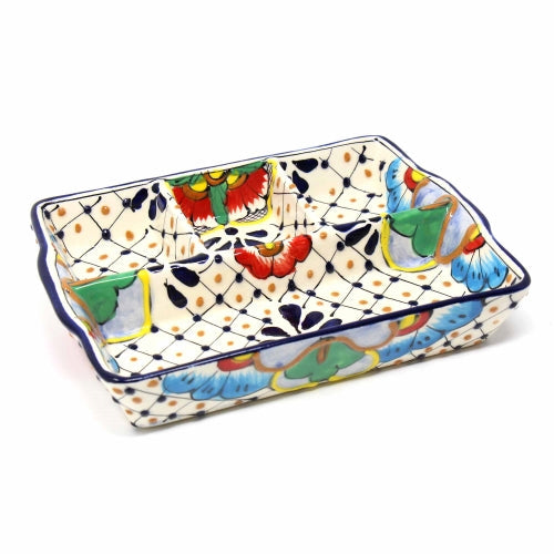 Håndlavet keramik 9" opdelt fad, prikker og blomster - Encantada