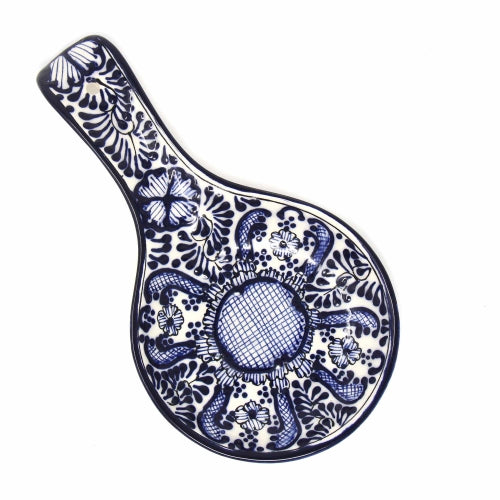 Handmade Pottery Spoon Rest, Blue Flower - Encantada