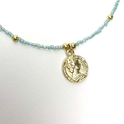 Baby blue Glass Bead Choker with Brass Coin Pendant