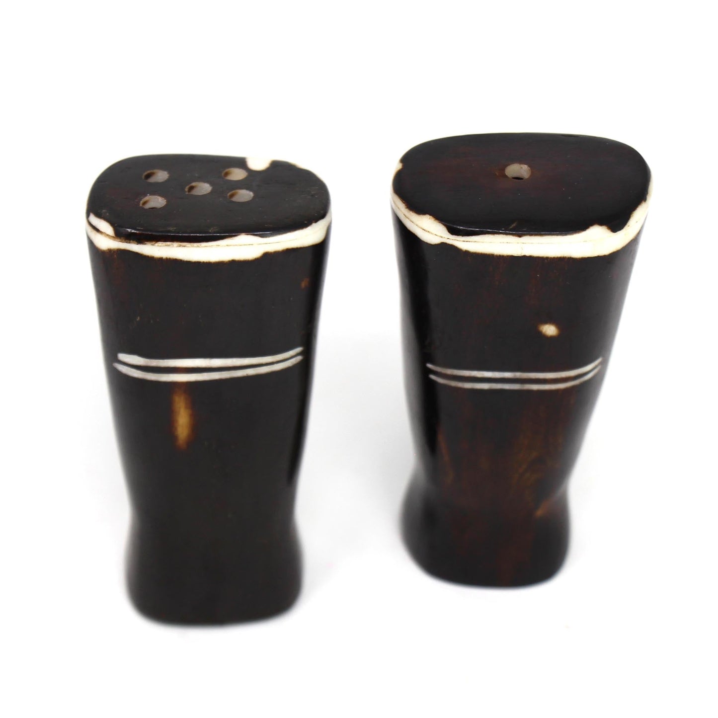 African Natural Bone Salt &amp; Peber Shakers, White Etch Design on Dark