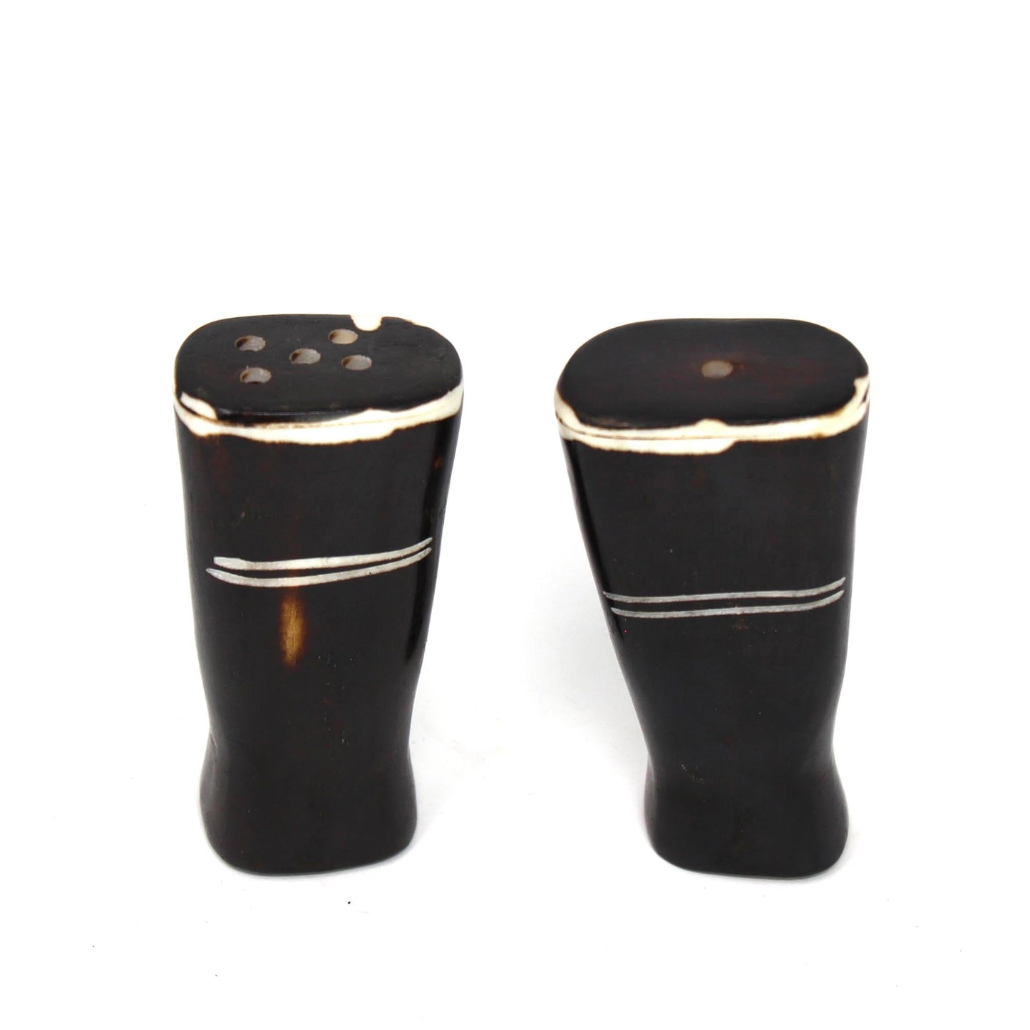 African Natural Bone Salt & Pepper Shakers, White Etch Design on Dark