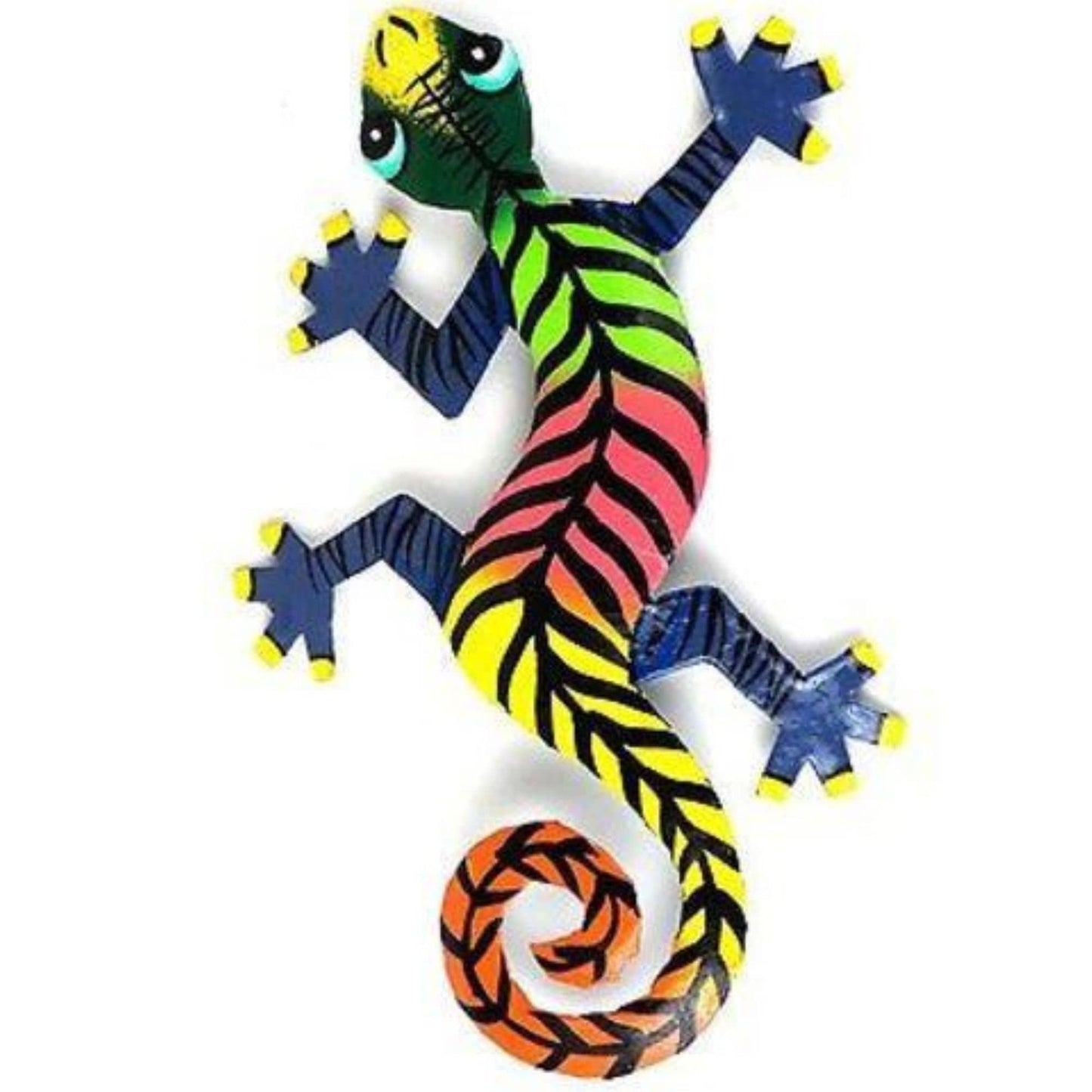 Colorful Gecko Haitian Steel Drum Wall Art, 13 inch Black Stipes