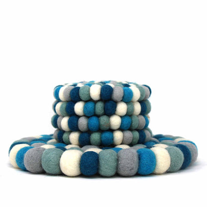 Ice Blue Felt Ball Coasters, Set of 4