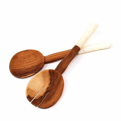 Olive Wood Salad Servers with Bone Handles, White with Etching Design